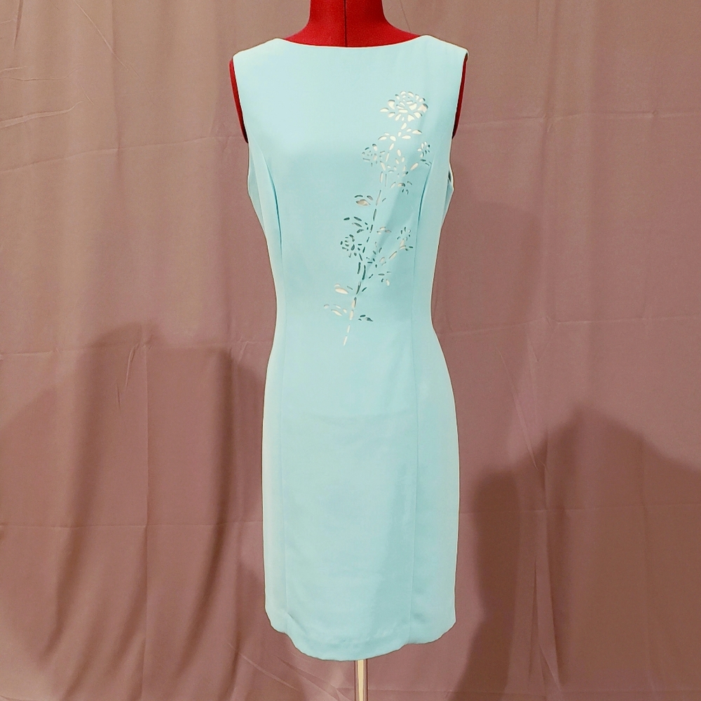 Sleeveless tiffany blue sheath dress with blazer